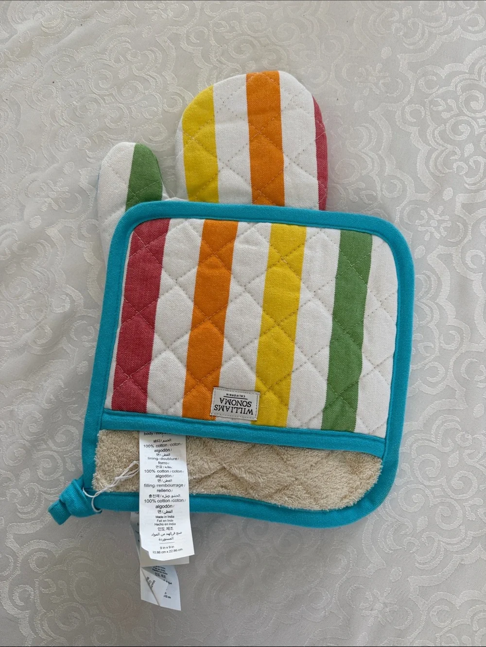 Williams Sonoma Striped Oven Mitt and Pot Holder Set in Teal Trim